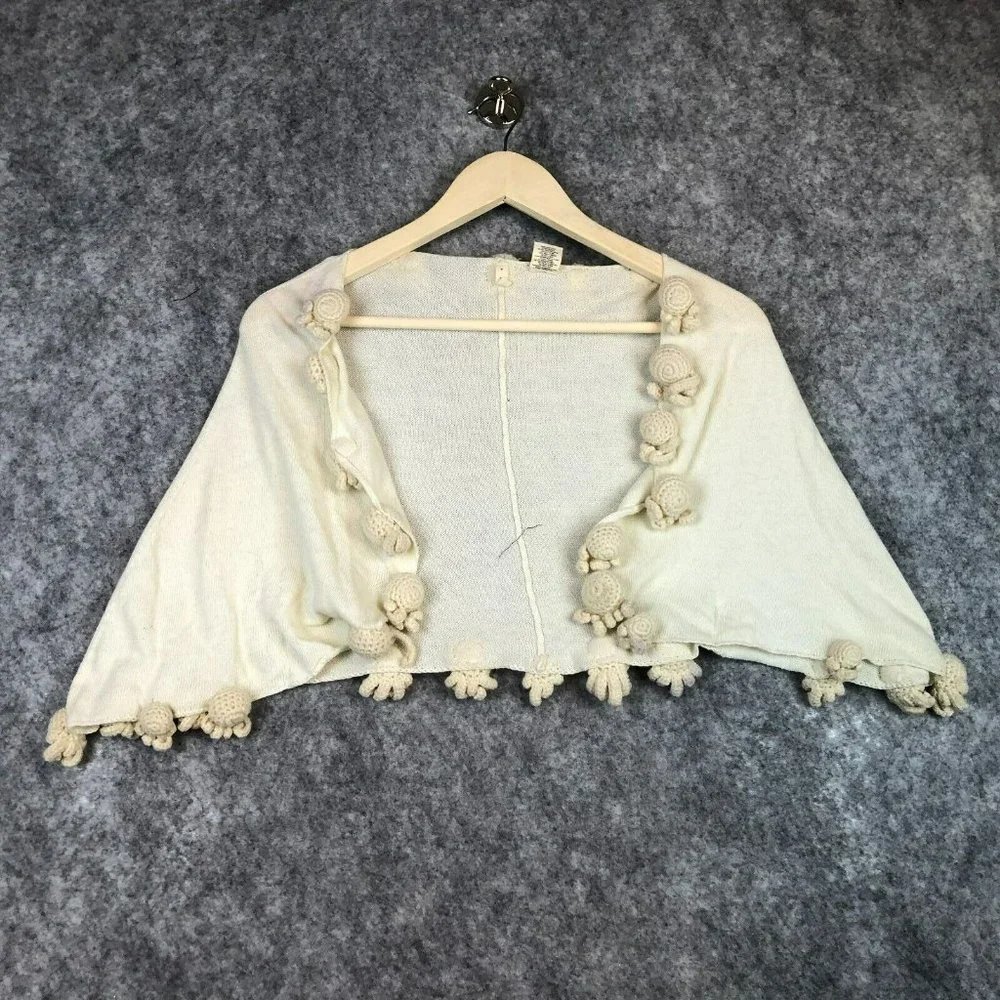 Anthropologie Moth Sweater S M Shawl Shrug Bolero Crochet Pom Trim Cropped Cape - Picture 1 of 10